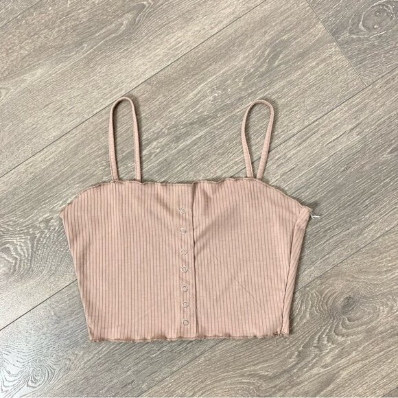 Primark Women’s Crop Tank Top Button Front Taupe Lettuce trim Ribbed Size Small - Picture 4 of 9
